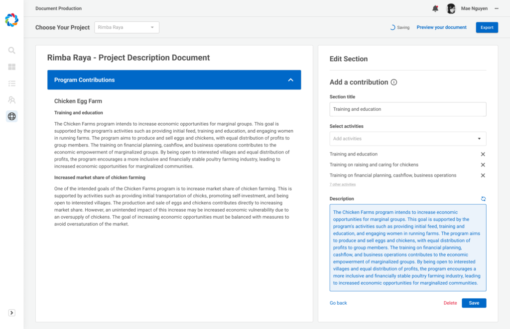 user interface showing the creation of project documentation