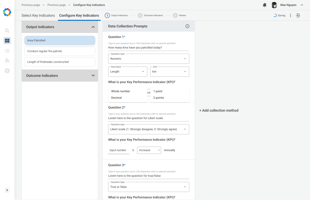 user interface showing key indicator data collection prompts